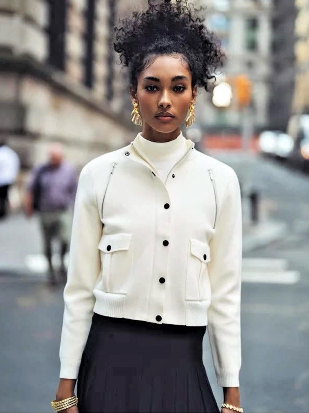 Aleeza Paris White Knit Bomber Cardigan with Zip Details